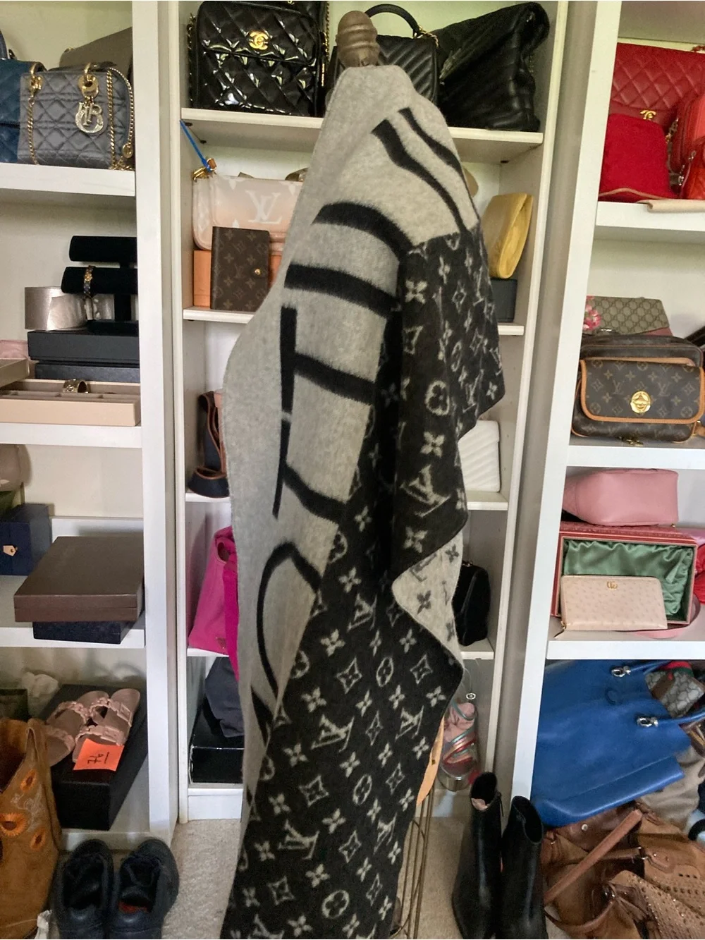 Louis Vuitton Black & Gray Monogram Fringe Scarf